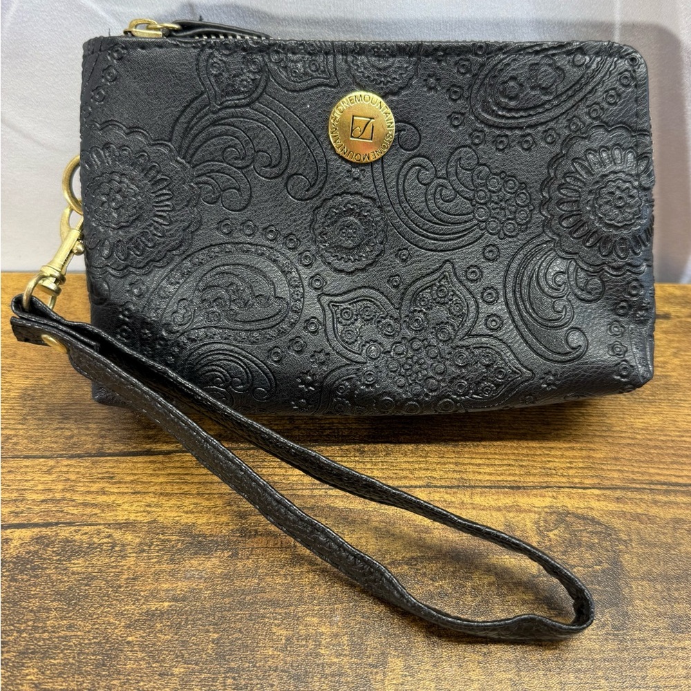 Stone Mountain Embossed Leather Floral Wristlet Pouch - Black